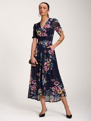 Jolie Moi Dark Blue Floral Print Mesh Maxi Dress - Image 4 of 6