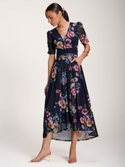 Jolie Moi Dark Blue Floral Print Mesh Maxi Dress - Image 5 of 6