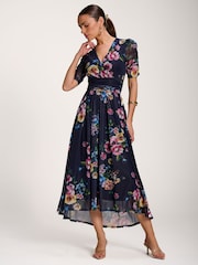 Jolie Moi Dark Blue Floral Print Mesh Maxi Dress - Image 6 of 6