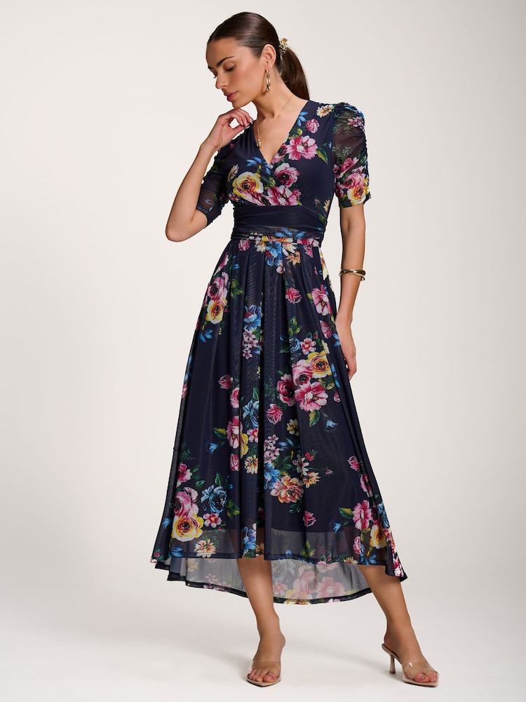 Jolie Moi Dark Blue Floral Print Mesh Maxi Dress - Image 6 of 6