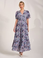 Jolie Moi Blue Chiffon Ruffle Hem Midaxi Dress - Image 4 of 6