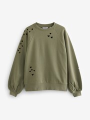 Khaki Green Heart Cut-Out Detail Sweatshirt - Image 1 of 2