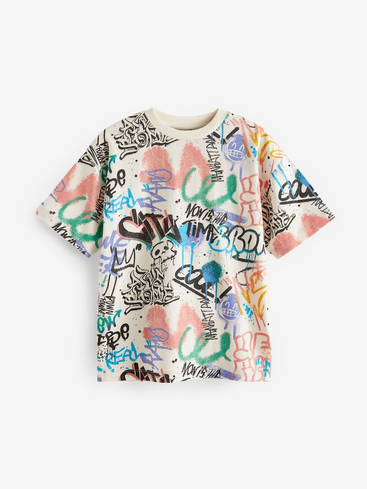 Ecru Cream Graffiti All-Over Print Short Sleeves 100% Cotton T-Shirt (3-16yrs) - Image 1 of 3