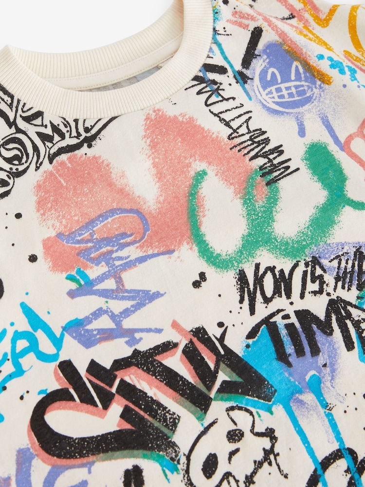 Ecru Cream Graffiti All-Over Print Short Sleeves 100% Cotton T-Shirt (3-16yrs) - Image 3 of 3