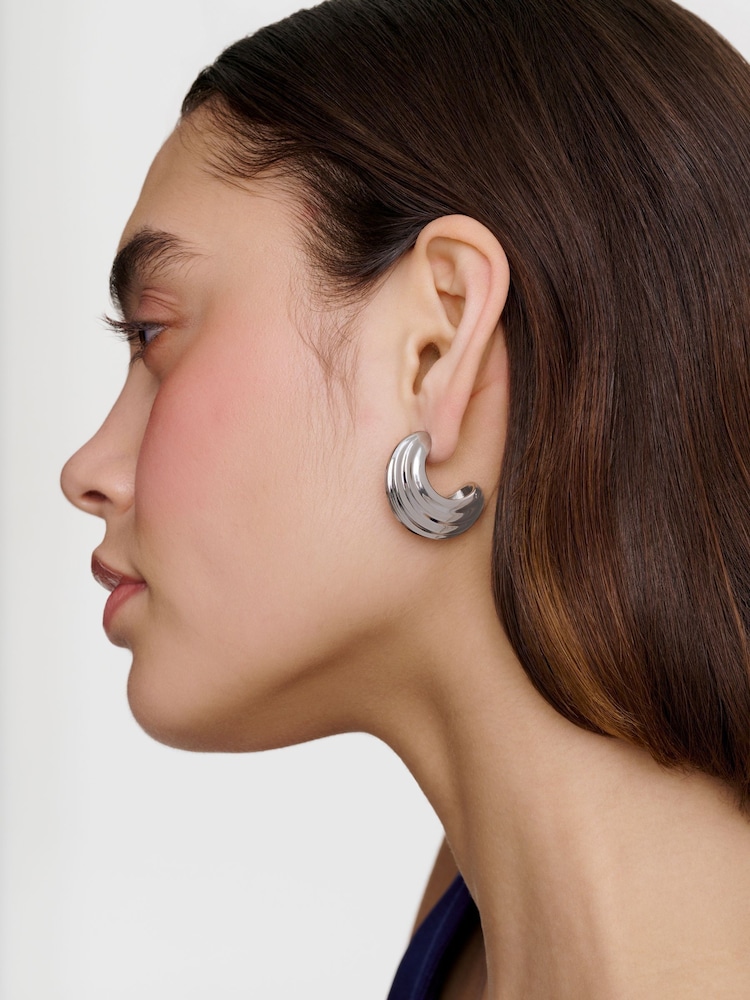Karen Millen Silver Tapered Hoop Earrings - Image 1 of 6 Karen Millen Silver Tapered Hoop Earrings - Image 1 of 6