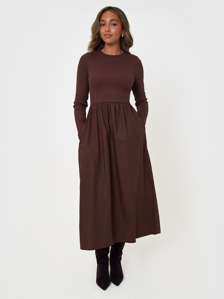 Threadbare Dark Brown Cotton Blend Ribbed Jersey Poplin Midaxi Dress - Image 1 of 5 Threadbare Dark Brown Cotton Blend Ribbed Jersey Poplin Midaxi Dress - Image 1 of 5