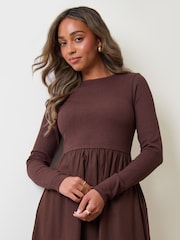 Threadbare Dark Brown Cotton Blend Ribbed Jersey Poplin Midaxi Dress - Image 2 of 5