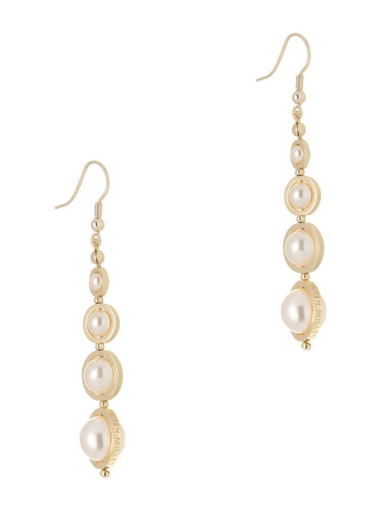 Karen Millen Gold Tone Logo Pearl Drop Earrings - Image 1 of 6 Karen Millen Gold Tone Logo Pearl Drop Earrings - Image 1 of 6