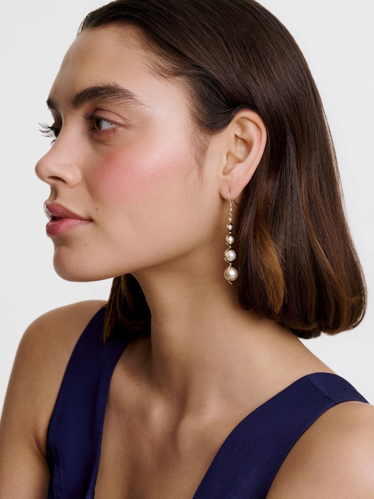 Karen Millen Gold Tone Logo Pearl Drop Earrings - Image 6 of 6 Karen Millen Gold Tone Logo Pearl Drop Earrings - Image 6 of 6
