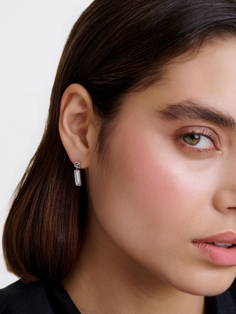 Karen Millen Silver Tone Crystal Baguette Drop Earrings - Image 1 of 6 Karen Millen Silver Tone Crystal Baguette Drop Earrings - Image 1 of 6