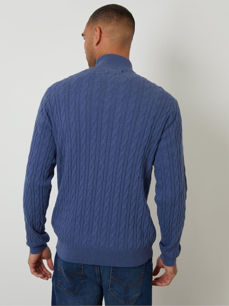 Threadbare Blue Cable Knit Quarter Zip Jumper - Image 2 of 4 Threadbare Blue Cable Knit Quarter Zip Jumper - Image 2 of 4