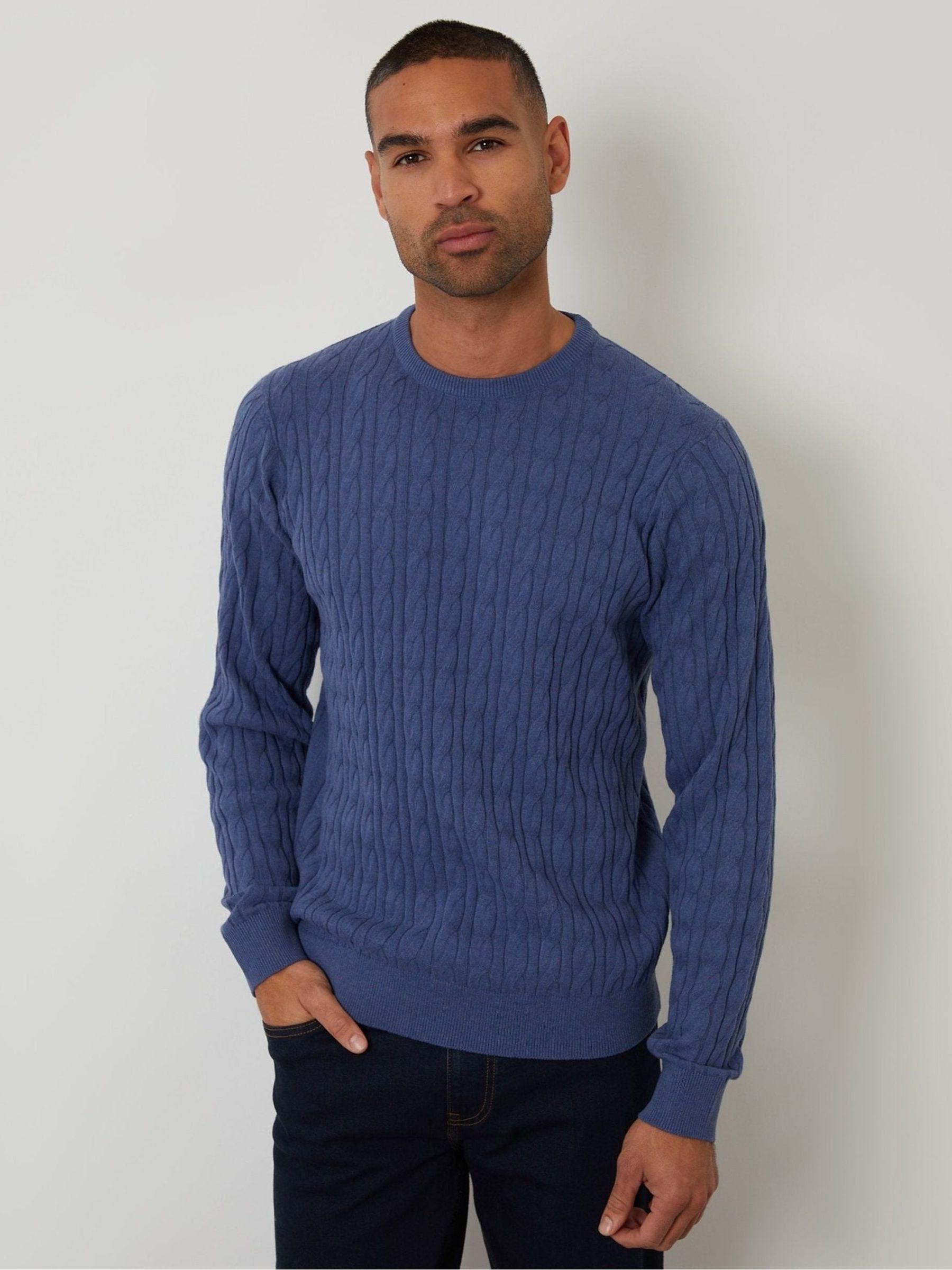 Threadbare Men's Blue Cable Knit Crew Neck Jumper In | Size: 2XL - Image 2