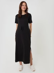 Threadbare Black Pure Cotton Crew Neck Side Split Midi Dress - Image 1 of 4