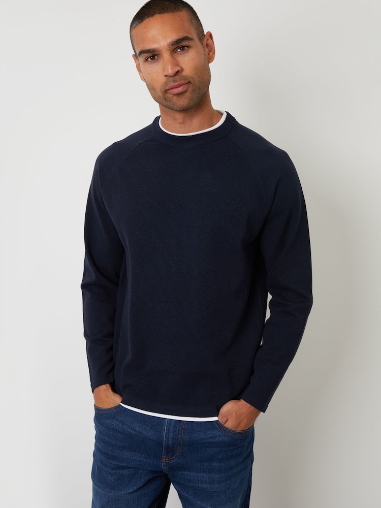 Threadbare Blue Mock T-Shirt Textured Knit Crew Neck Jumper - Image 1 of 4 Threadbare Blue Mock T-Shirt Textured Knit Crew Neck Jumper - Image 1 of 4