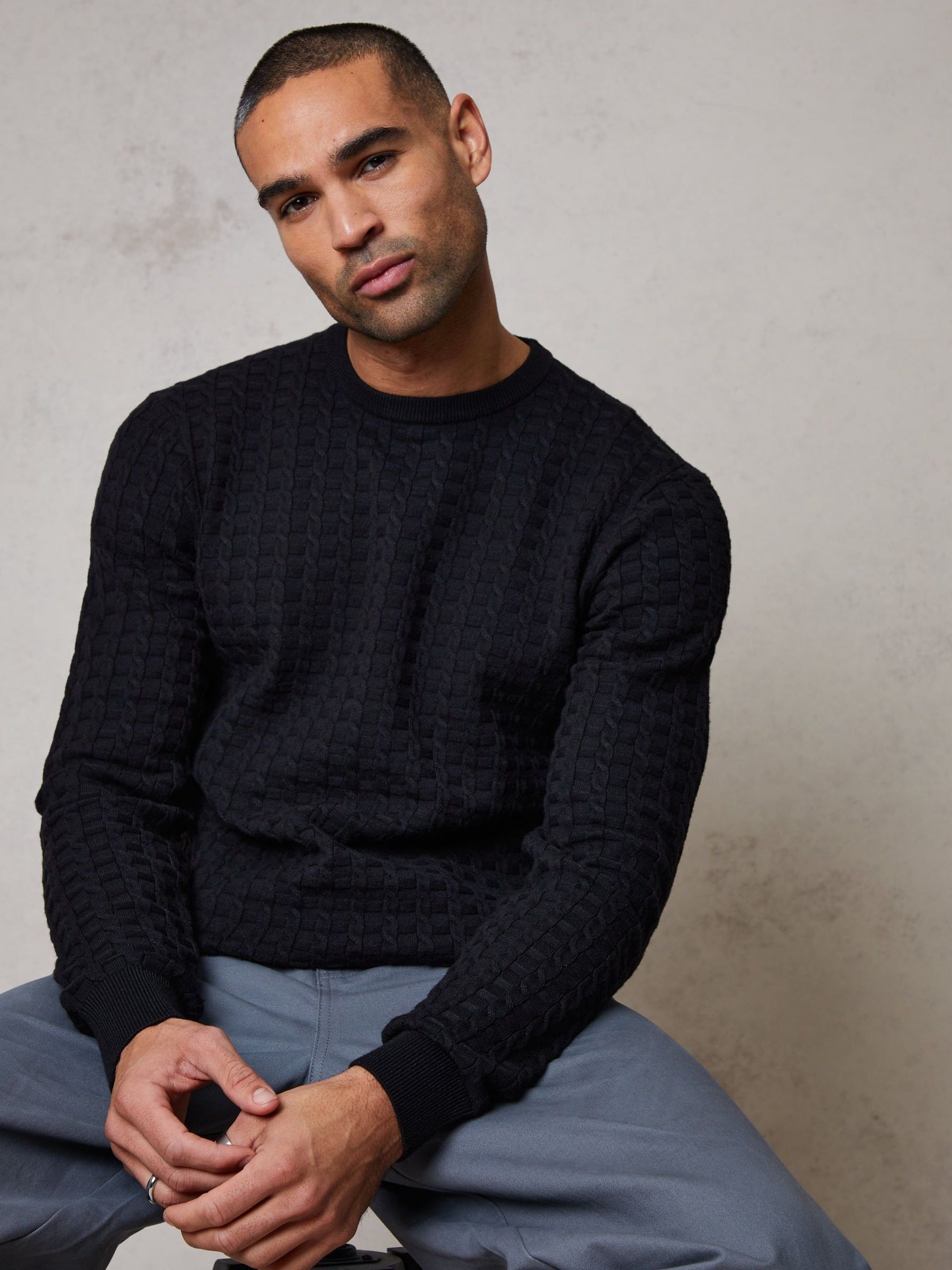 Threadbare Men's Black Cable Knit Crew Neck Jumper In | Size: 2XL - Image 2