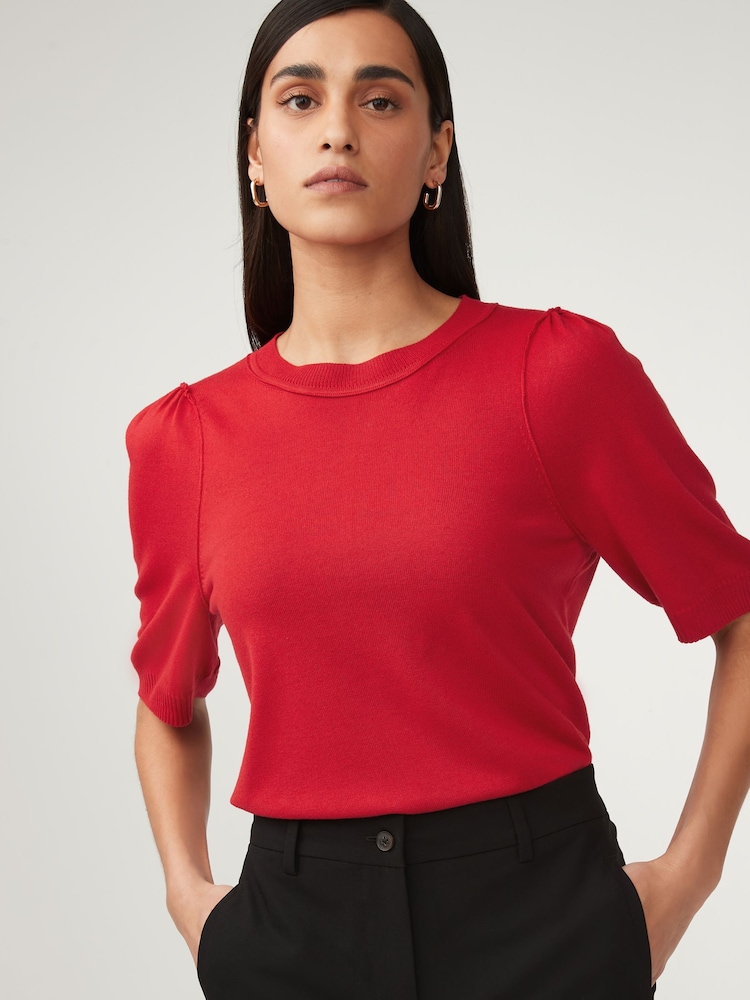 Red Crew Neck Short Sleeve Knitted Top - Image 1 of 6