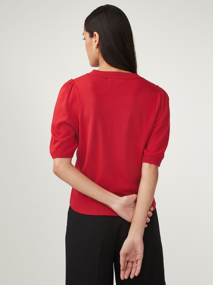 Red Crew Neck Short Sleeve Knitted Top - Image 3 of 6