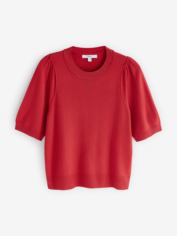 Red Crew Neck Short Sleeve Knitted Top - Image 5 of 6