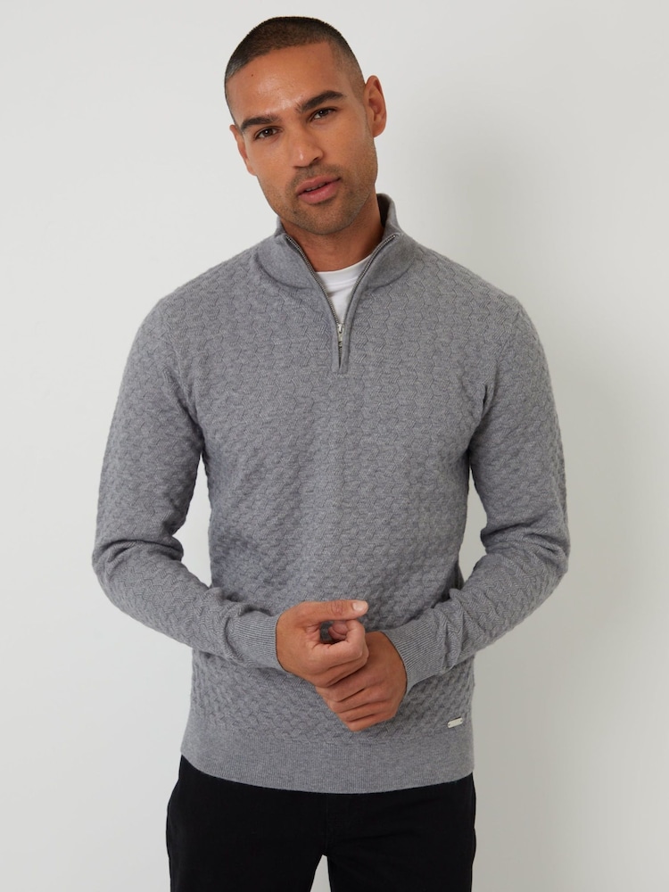 Threadbare Grey Textured Cable Knit Quarter Zip Jumper - Image 1 of 4 Threadbare Grey Textured Cable Knit Quarter Zip Jumper - Image 1 of 4