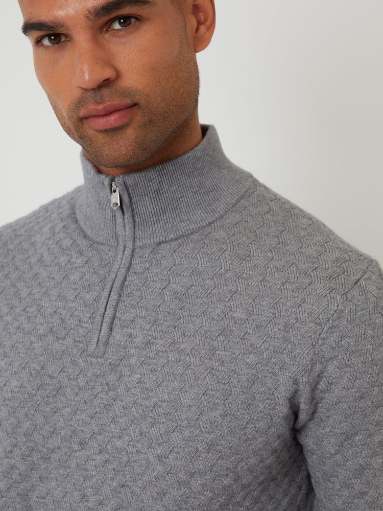 Threadbare Grey Textured Cable Knit Quarter Zip Jumper - Image 4 of 4 Threadbare Grey Textured Cable Knit Quarter Zip Jumper - Image 4 of 4