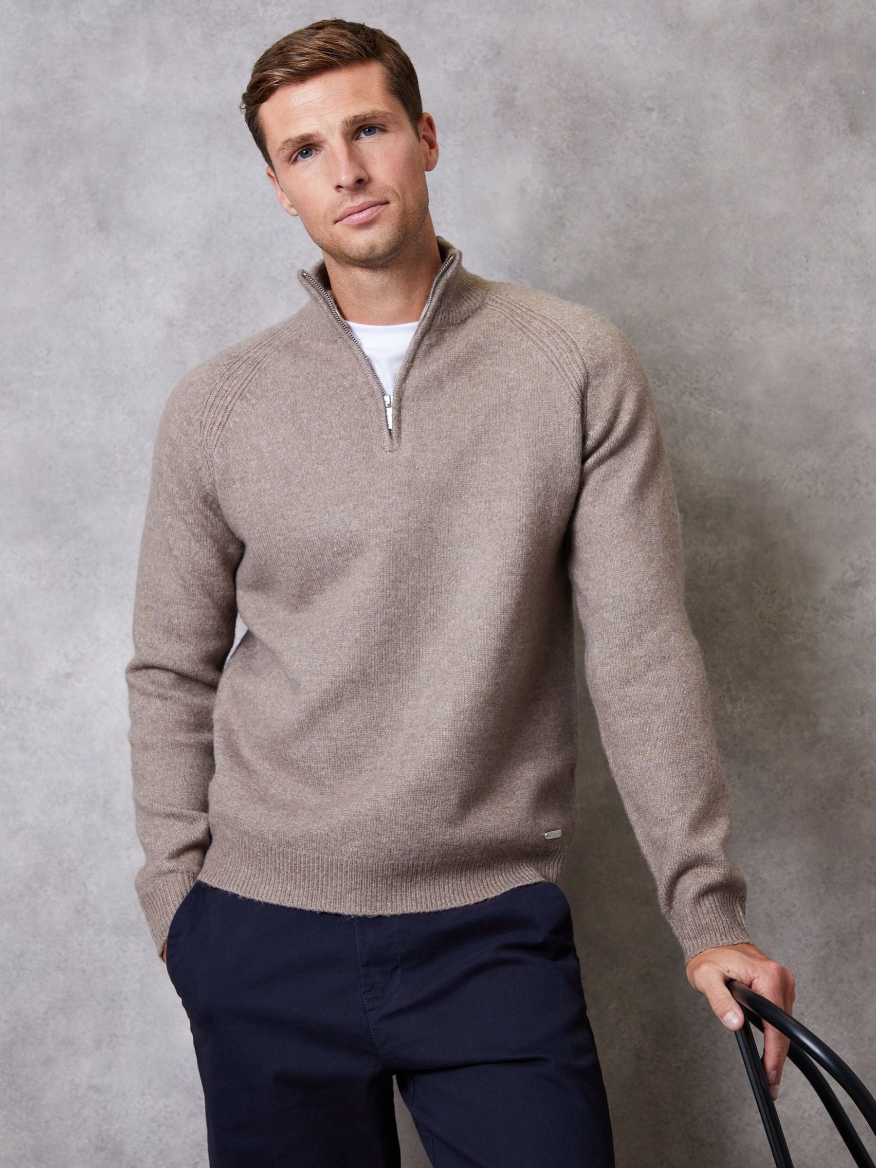 Threadbare Taupe Raglan Rib Quarter Zip Knitted Jumper In - Image 2