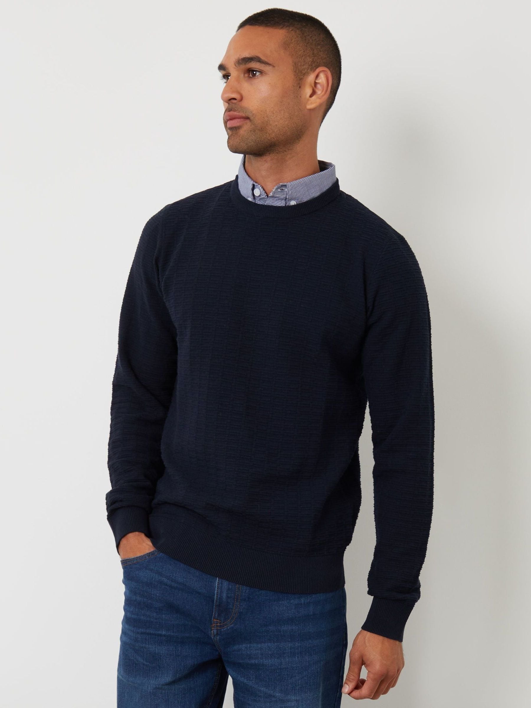 Threadbare Men's Blue Mock Shirt Textured Knitted Jumper