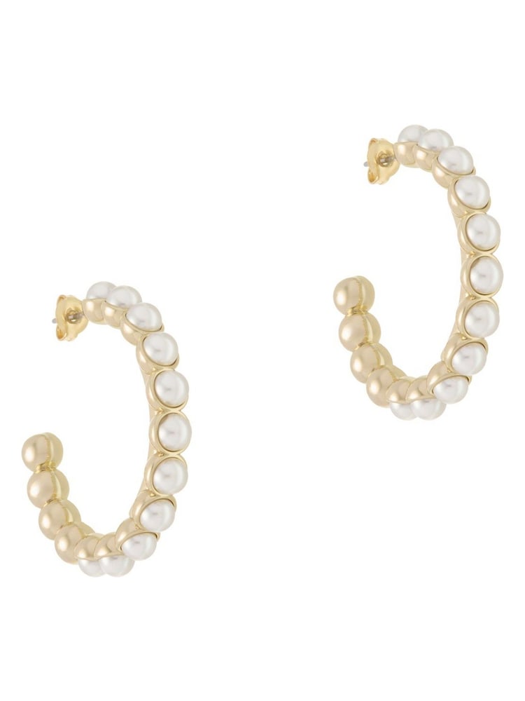 Karen Millen Gold Tone Logo Pearl Hoop Earrings - Image 1 of 6 Karen Millen Gold Tone Logo Pearl Hoop Earrings - Image 1 of 6