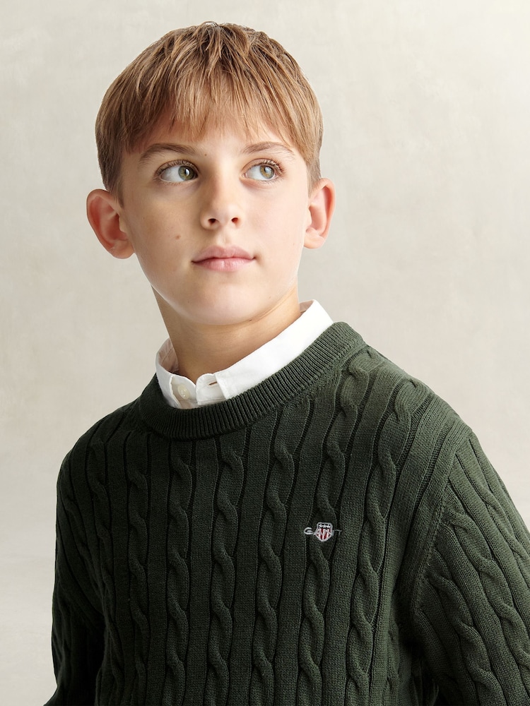 GANT Green Shield Cotton Cable Neck Sweater - Image 2 of 6 GANT Green Shield Cotton Cable Neck Sweater - Image 2 of 6