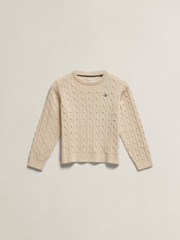 GANT Cream Shield Cotton Cable Neck Sweater - Image 1 of 2 GANT Cream Shield Cotton Cable Neck Sweater - Image 1 of 2
