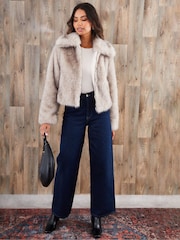 Threadbare Cream Faux Fur Zip Through Coat - Image 3 of 4