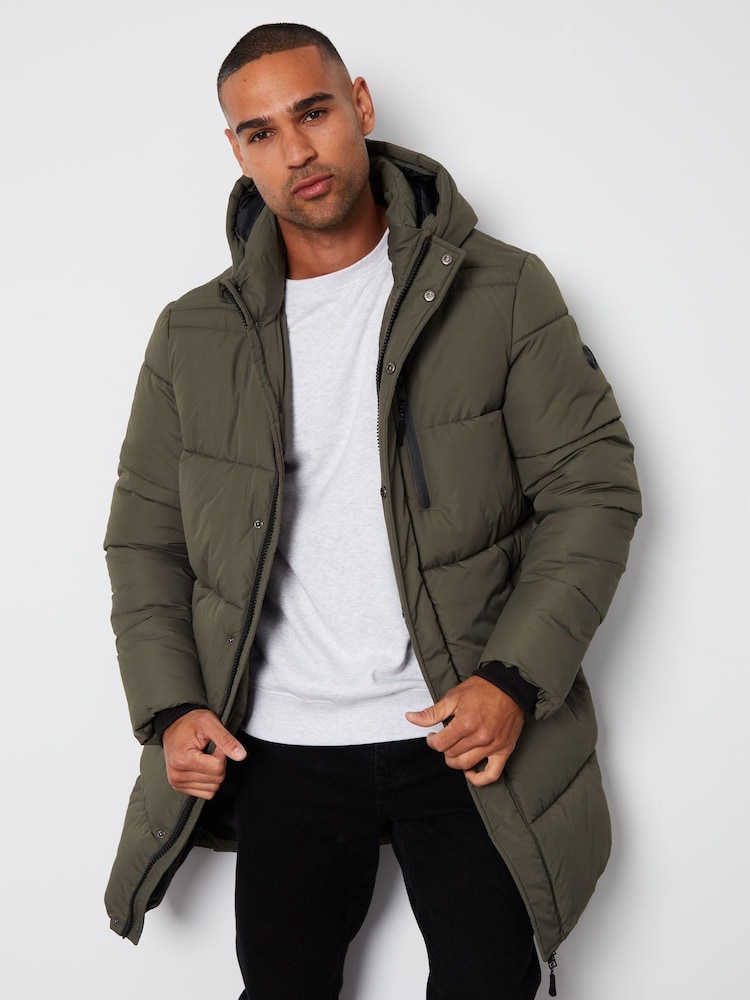 Threadbare Green Showerproof Hooded Longline Puffer Jacket - Image 1 of 5 Threadbare Green Showerproof Hooded Longline Puffer Jacket - Image 1 of 5
