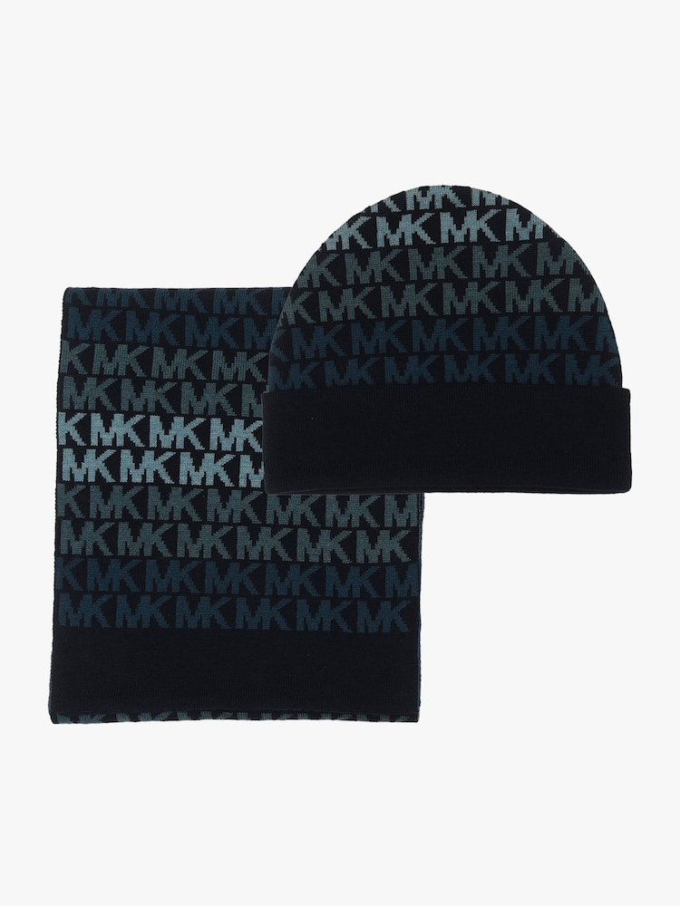 Michael Kors Blue Stripe Cuff Hat And Scarf Set - Image 1 of 5 Michael Kors Blue Stripe Cuff Hat And Scarf Set - Image 1 of 5