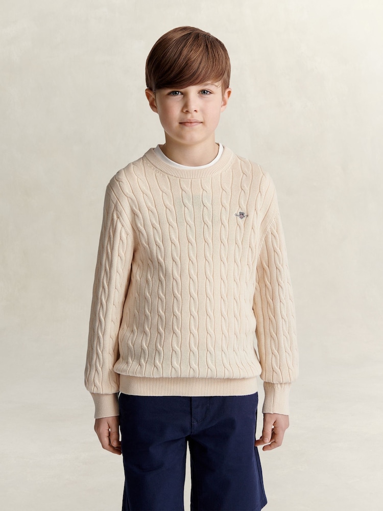GANT Cream Shield Cotton Cable Neck Sweater - Image 1 of 6