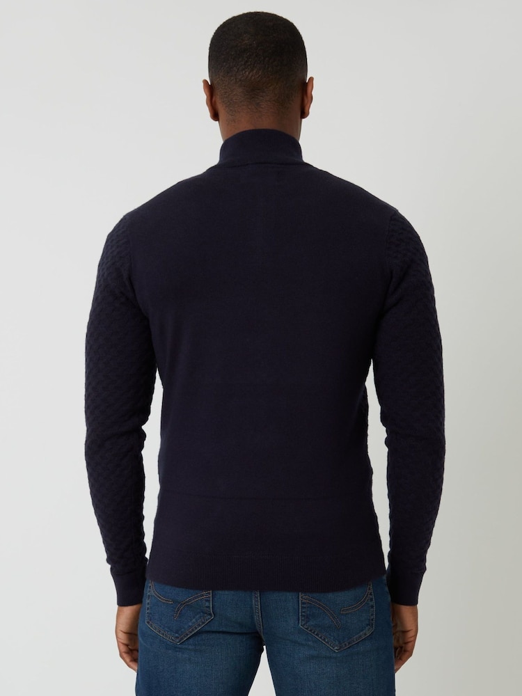 Threadbare Blue Textured Cable Knit Quarter Zip Jumper - Image 2 of 5 Threadbare Blue Textured Cable Knit Quarter Zip Jumper - Image 2 of 5