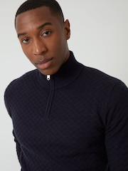 Threadbare Blue Textured Cable Knit Quarter Zip Jumper - Image 4 of 5