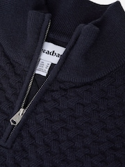 Threadbare Blue Textured Cable Knit Quarter Zip Jumper - Image 5 of 5