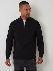 Negro - Suéter de punto de canalé con cremallera de un cuarto y panel de Threadbare - Imagen 1 de 5