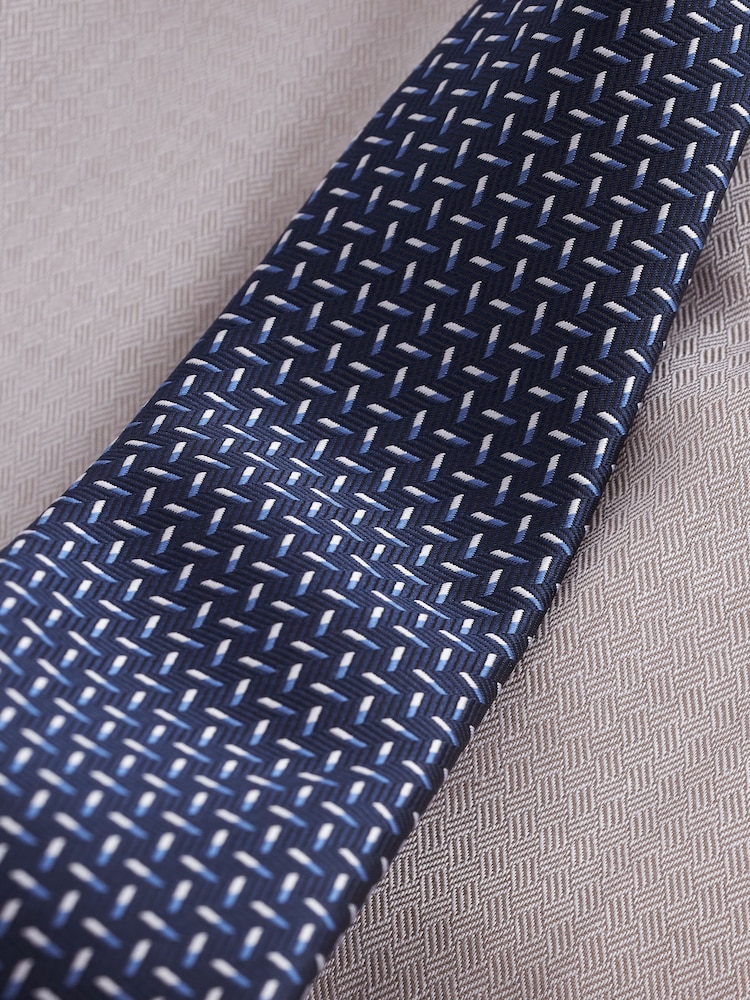 Neutral Brown/Navy Blue Textured Regular Fit Single Cuff Shirt And Tie Pack - Image 7 of 7