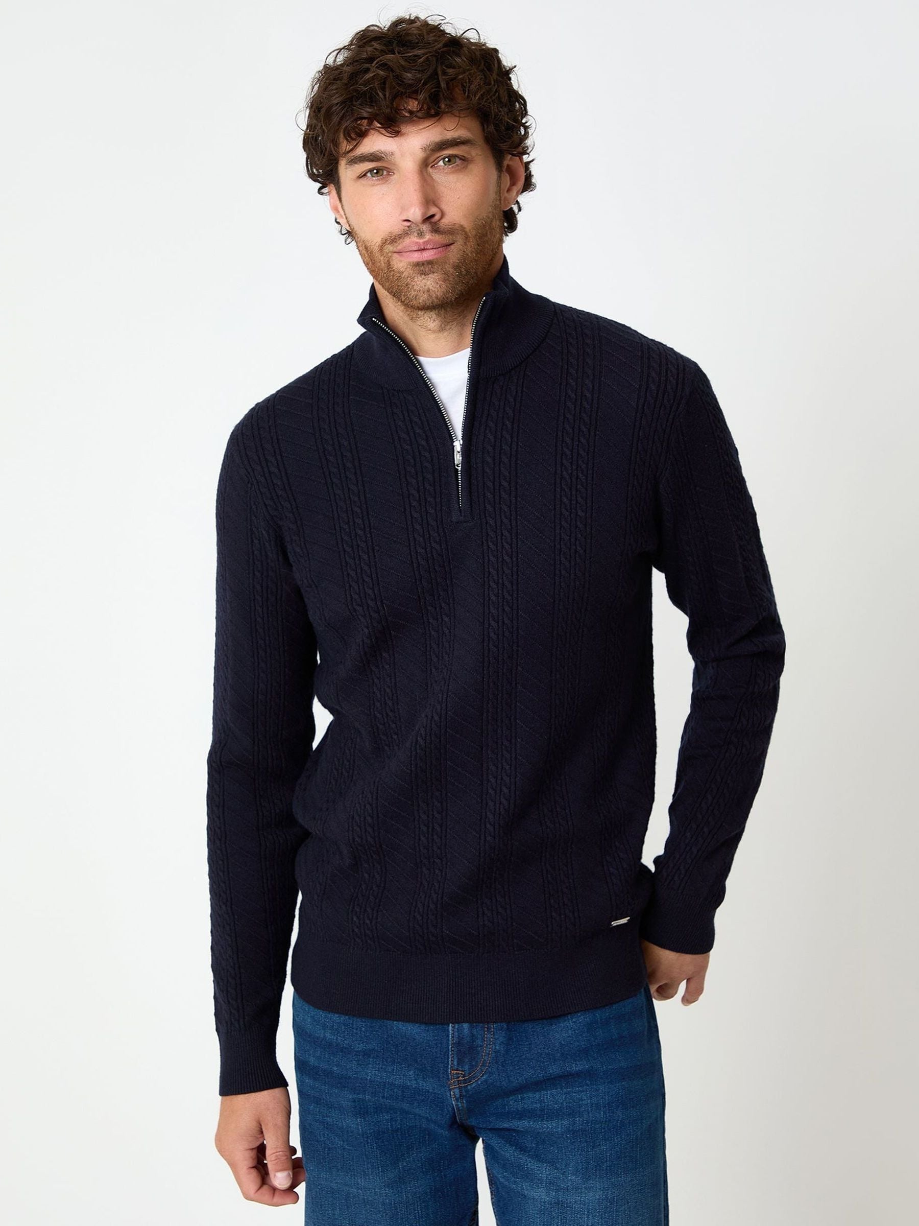 Threadbare Men's Navy Cable Knit Quarter Zip Jumper In | Size: 2XL - Image 1