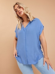 Yours Curve Blue Button Through 100% Cotton Shirt - Image 1 of 6