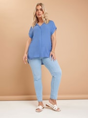 Yours Curve Blue Button Through 100% Cotton Shirt - Image 2 of 6