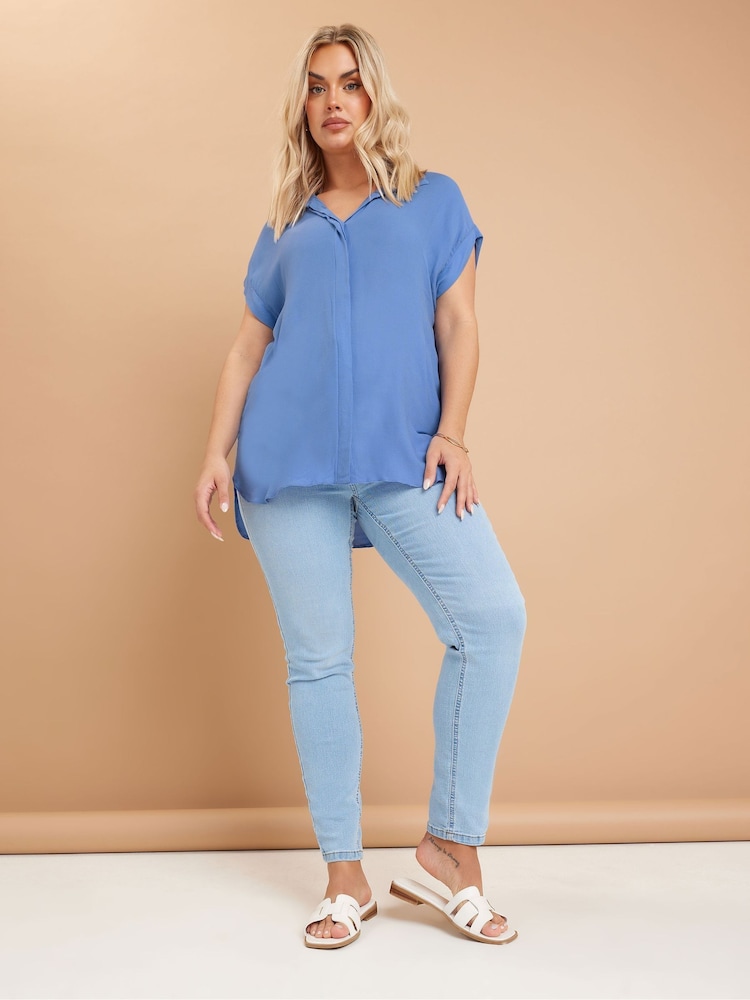Yours Curve Blue Button Through 100% Cotton Shirt - Image 2 of 6