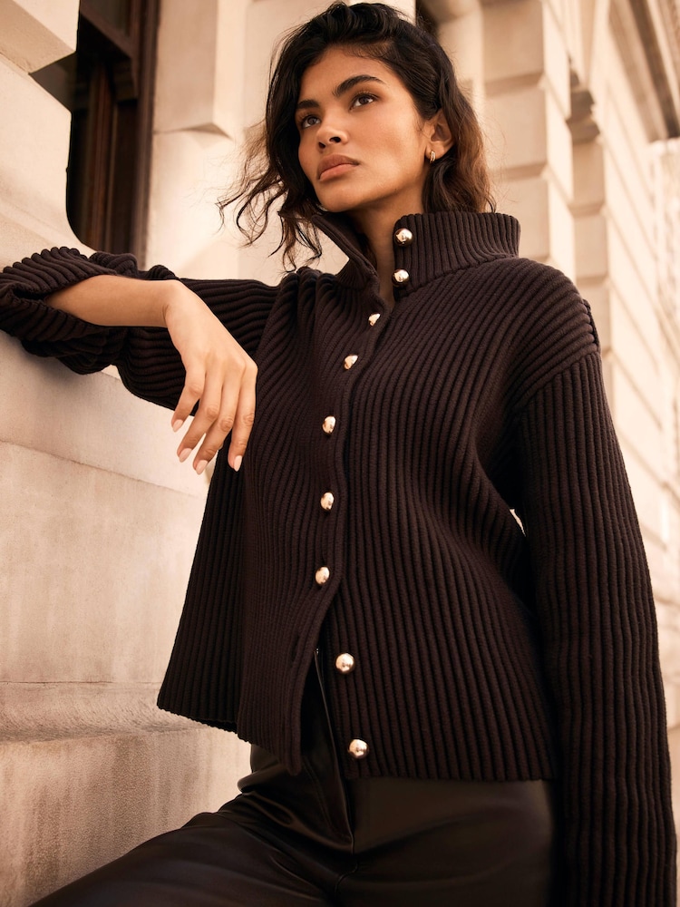 Mint Velvet Brown Ribbed Knit Jacket - Image 2 of 7 Mint Velvet Brown Ribbed Knit Jacket - Image 2 of 7