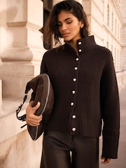 Mint Velvet Brown Ribbed Knit Jacket - Image 4 of 7