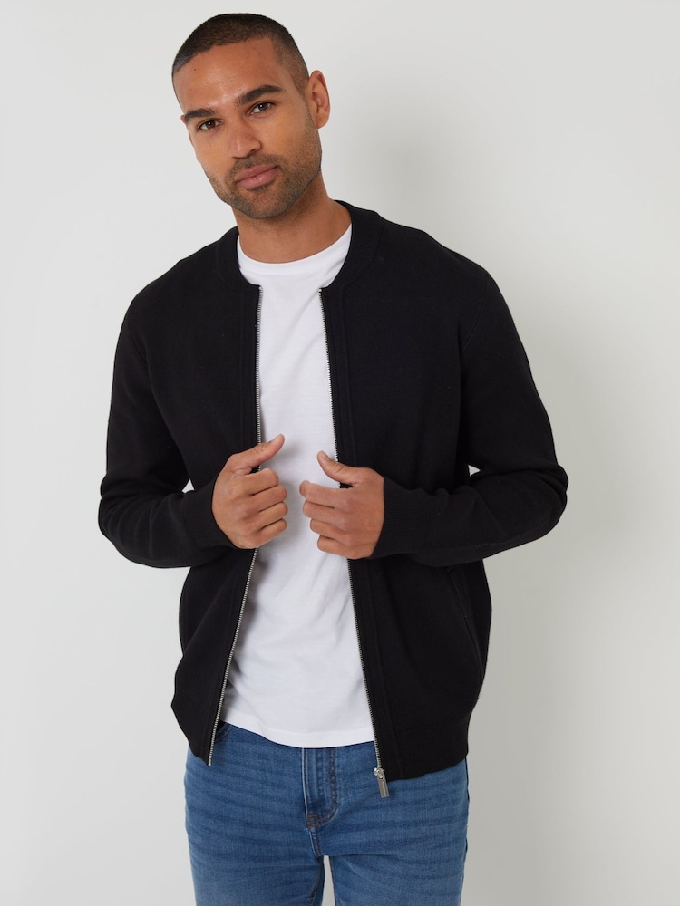 Threadbare Black Bomber-Style Knitted Zip Through Cardigan - Image 1 of 4