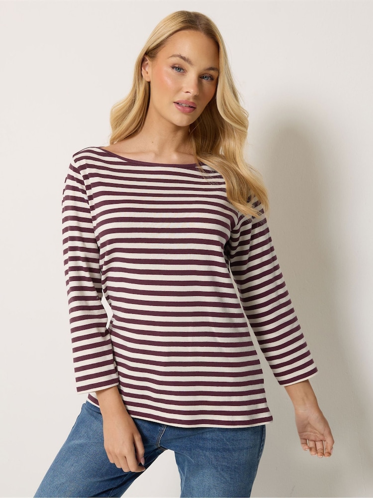 M&Co Purple Stripe Slash Neck Cotton Top - Image 1 of 6 M&Co Purple Stripe Slash Neck Cotton Top - Image 1 of 6