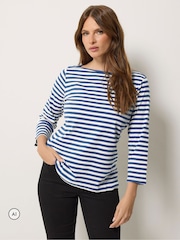 M&Co Blue Stripe Slash Neck Cotton Top - Image 1 of 6