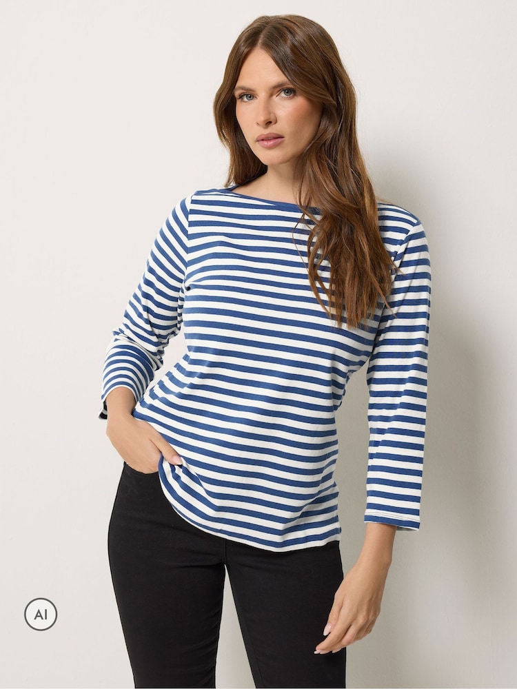 M&Co Blue Stripe Slash Neck Cotton Top - Image 1 of 6