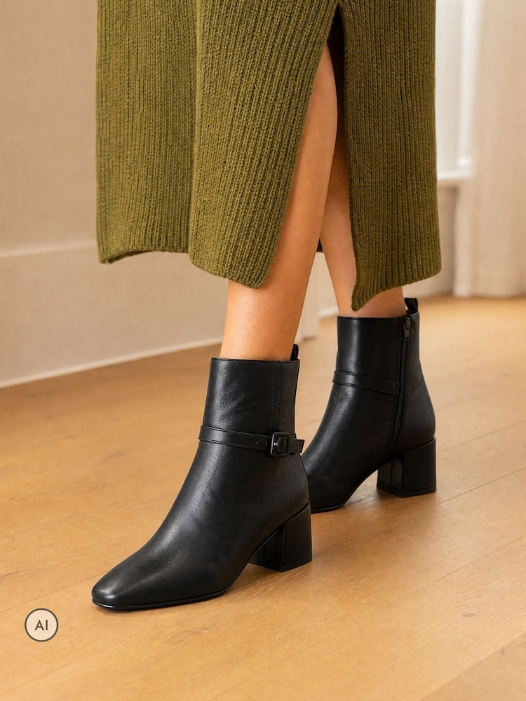 Novo Black Wide Fit Karla Block Heel Buckle Detail Ankle Boots - Image 1 of 6 Novo Black Wide Fit Karla Block Heel Buckle Detail Ankle Boots - Image 1 of 6