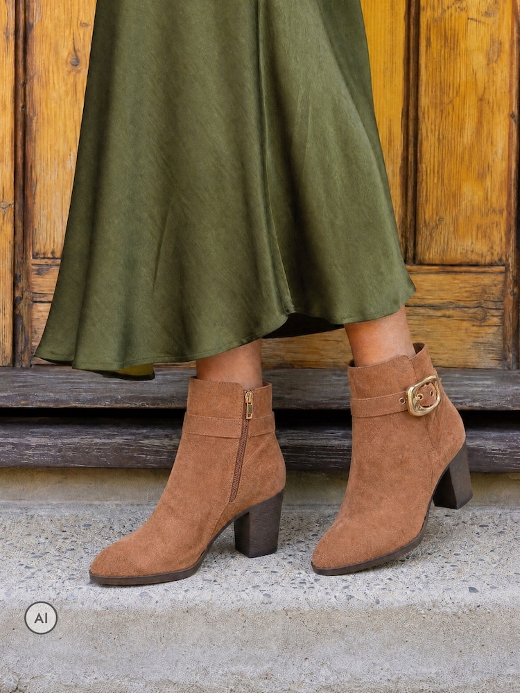 Novo Natural Wide Fit Julianna Buckle Detail Almond Toe Block Heel Ankle Boots - Image 1 of 6 Novo Natural Wide Fit Julianna Buckle Detail Almond Toe Block Heel Ankle Boots - Image 1 of 6